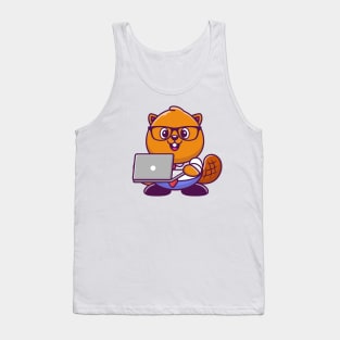 Cute Beaver Working On Laptop Cartoon Tank Top